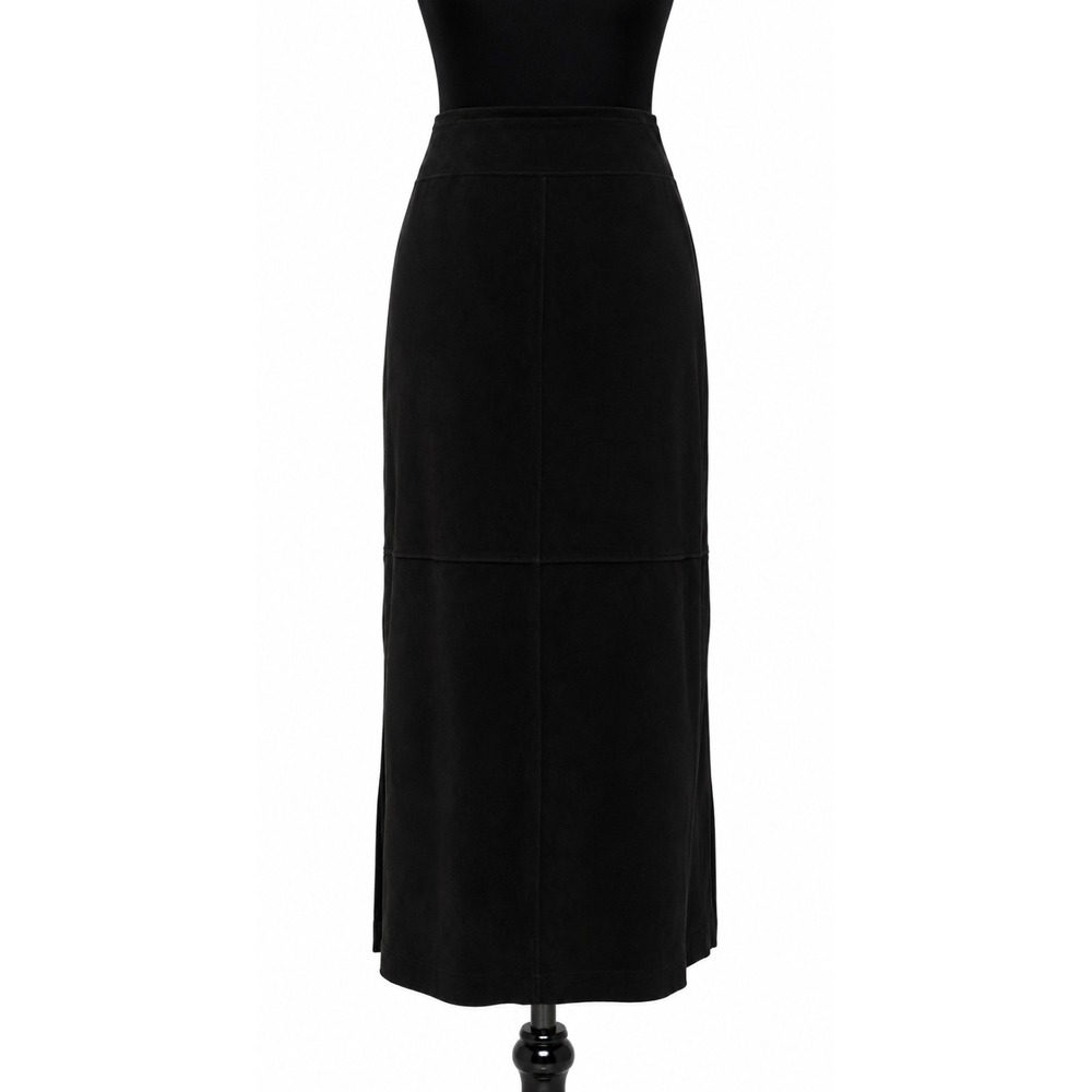 Revue Womens Retro Midi Paneled Skirt Size 8 Black Suede Leather Lined Side Slit